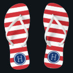 Red White and Blue Preppy Stripes Monogram Jandals<br><div class="desc">Custom printed flip flop sandals with a preppy nautical stripe pattern and your custom monogram or other text in a circle frame. Click Customise It to change text fonts and colours or add your own images to create a unique one of a kind design!</div>