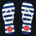 Red White and Blue Preppy Stripes Monogram Jandals<br><div class="desc">Custom printed flip flop sandals with a preppy nautical stripe pattern and your custom monogram or other text in a circle frame. Click Customise It to change text fonts and colours or add your own images to create a unique one of a kind design!</div>