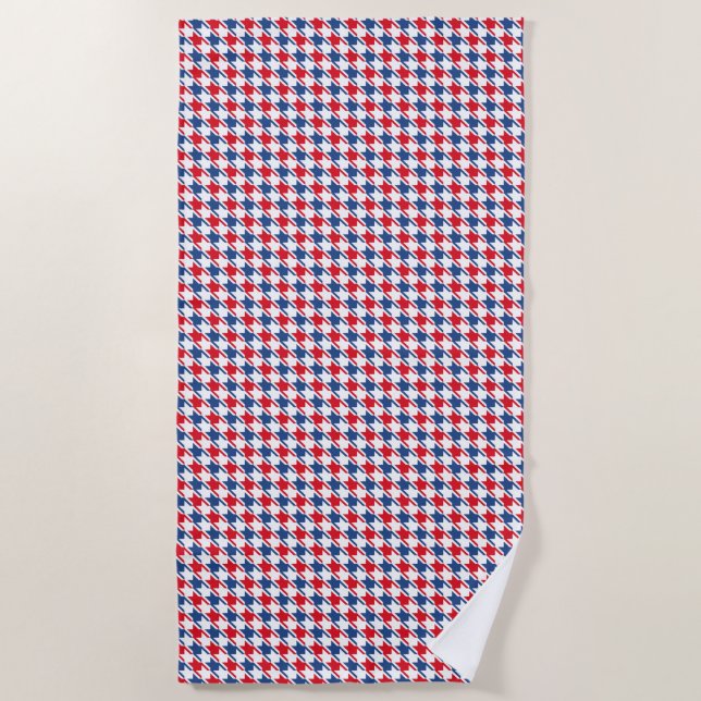 Red White and Blue Repeating Houndstooth Pattern Beach Towel (Front)