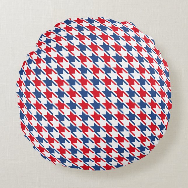 Red White and Blue Repeating Houndstooth Pattern Round Cushion (Front)