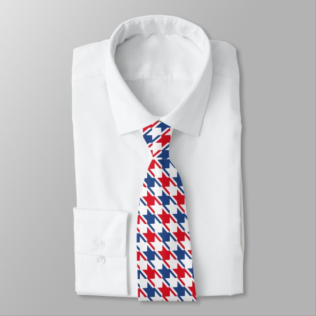 Red White and Blue Repeating Houndstooth Pattern Tie (Tied)