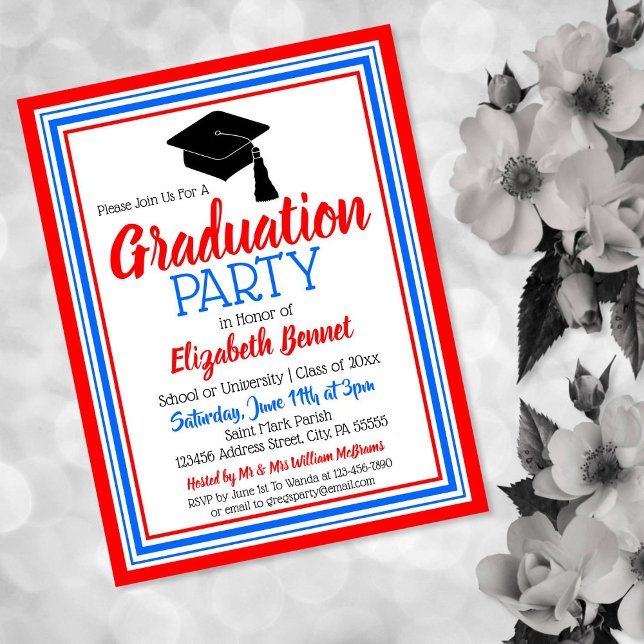 Red White and Blue School Colours Grad Party Invitation Postcard (Creator Uploaded)