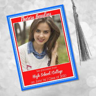 Red White and Blue School Colours Photo Graduation Announcement Postcard