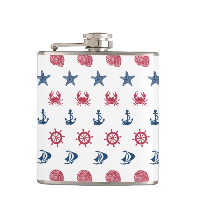 Red White And Blue Sea Symbol Pattern Hip Flask (Front)