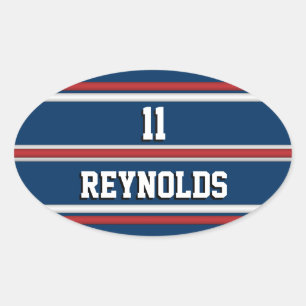 Red White and Blue Sports Jersey Name and Number Oval Sticker