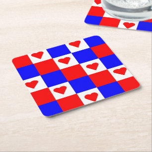 Red, White and Blue Squares with Red Hearts Square Paper Coaster