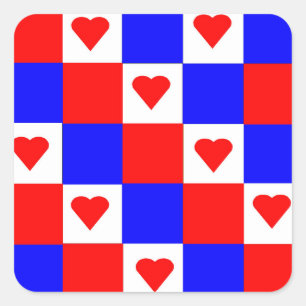 Red, White and Blue Squares with Red Hearts Square Sticker