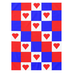 Red, White and Blue Squares with Red Hearts Tablecloth