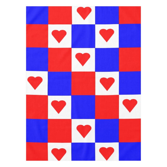 Red, White and Blue Squares with Red Hearts Tablecloth (Front)
