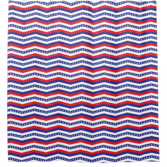 Red White and Blue Stars and Stripes Chevron Shower Curtain (Front)