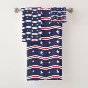 Red White and Blue Stars and Wavy Stripes  Bath Towel Set
