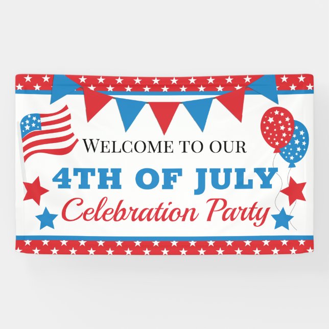 Red, White and Blue Stars & Flag Fourth July Banner (Horizontal)