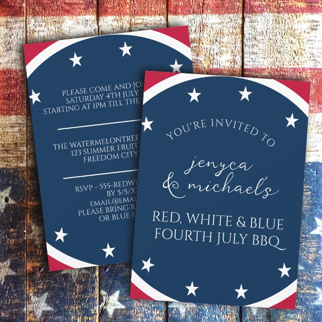 Red White and Blue Stars Patriotic 4th of July BBQ Invitation (Let's all enjoy a great time together with Family, Food and Fireworks)