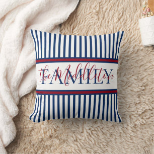 Red White and Blue Stripe Personalised Family Cushion