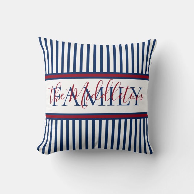 Red White and Blue Stripe Personalised Family Cushion (Front)