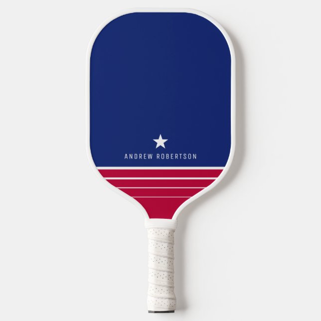 Red White and Blue Stripe Star Personalised Name Pickleball Paddle (Front)