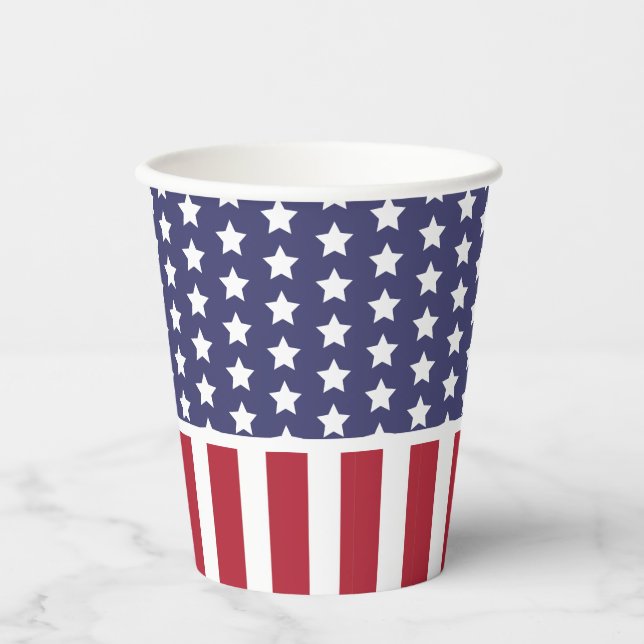 Red White and Blue Striped American Flag Party Paper Cups (Front)