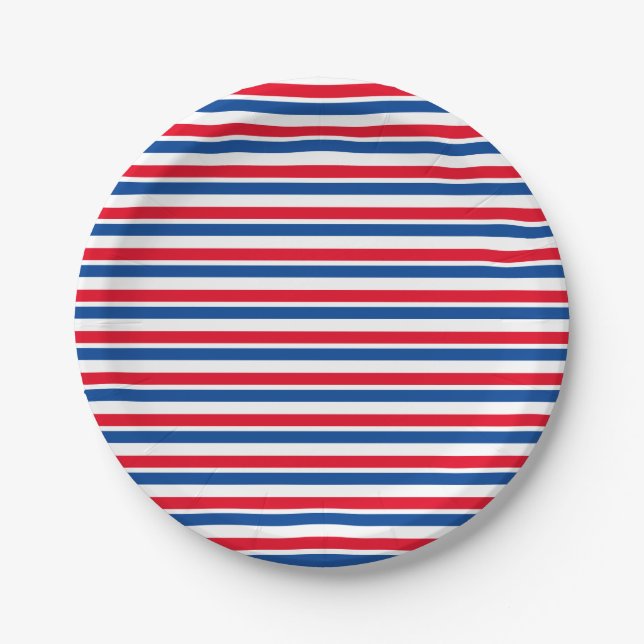 Red, White and Blue Striped Paper Plate (Front)