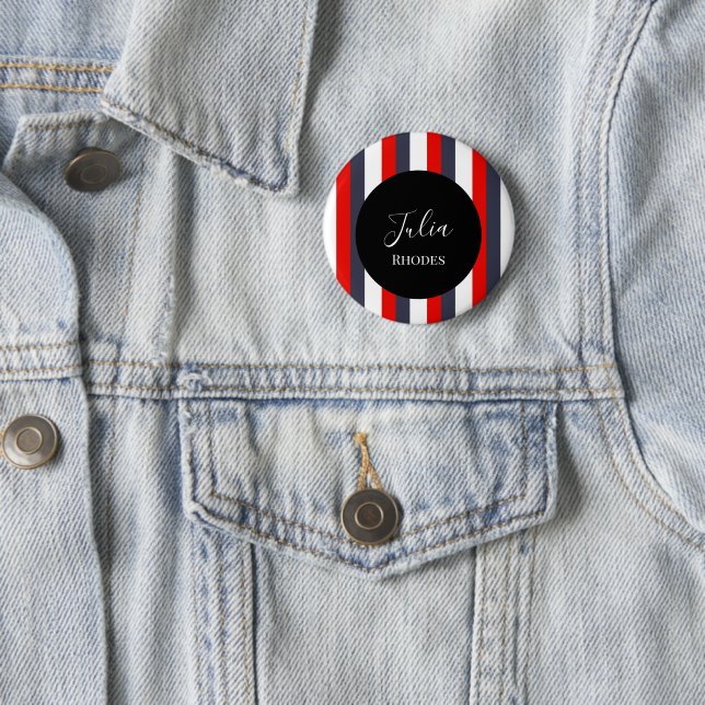 Red, white and blue stripes custom name 6 cm round badge (In Situ)