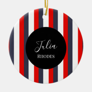 Red, white and blue stripes custom name ceramic tree decoration
