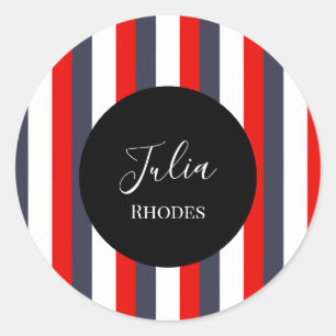 Red, white and blue stripes custom name classic round sticker