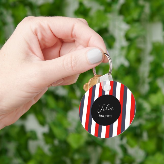 Red, white and blue stripes custom name key ring (Hand)