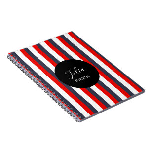 Red, white and blue stripes custom name notebook