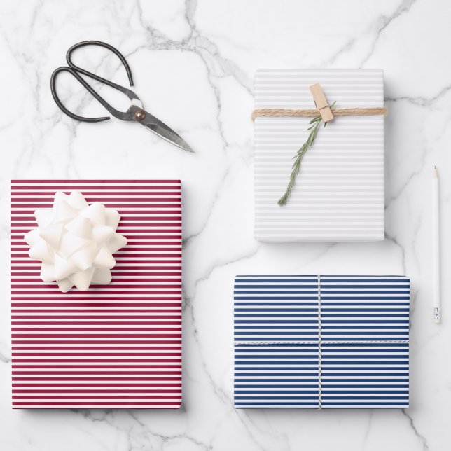 Red White and Blue Stripes Wrapping Paper Sheet (Front)