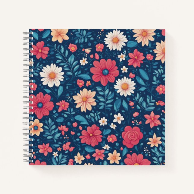 Red White and Blue Stylised Flowers and Foliage Notebook (Front)