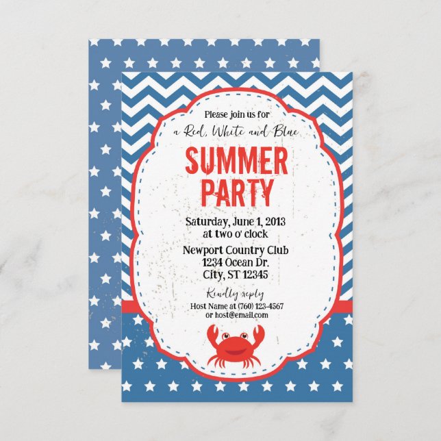 Red, White and Blue Summer Party Invitation (Front/Back)