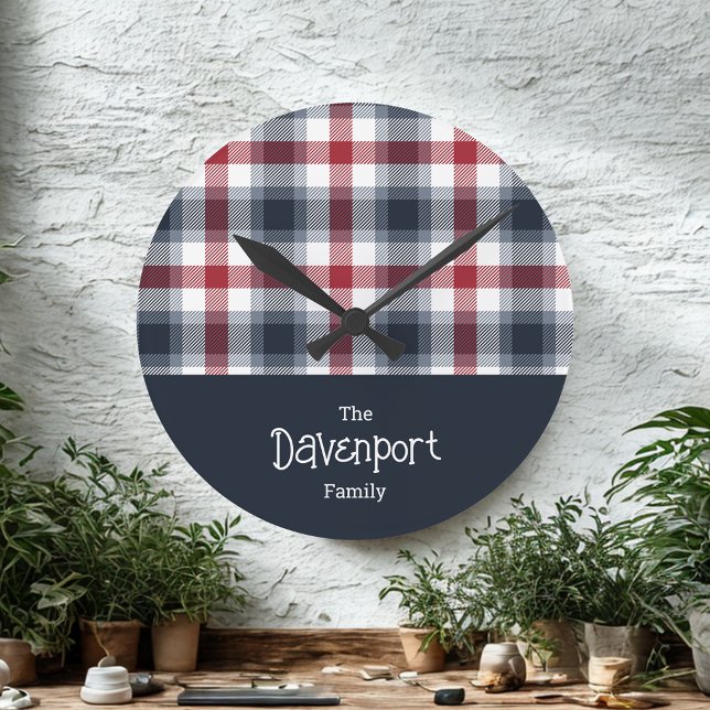 Red White and Blue Tartan Family Name Round Clock (Creator Uploaded)