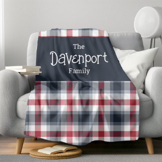 Red White and Blue Tartan Family Name Sherpa Blanket