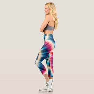 Red White and Blue Tie Dye Multi colour Pattern  Capri Leggings
