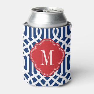 Red White and Blue Trellis Monogram Can Cooler