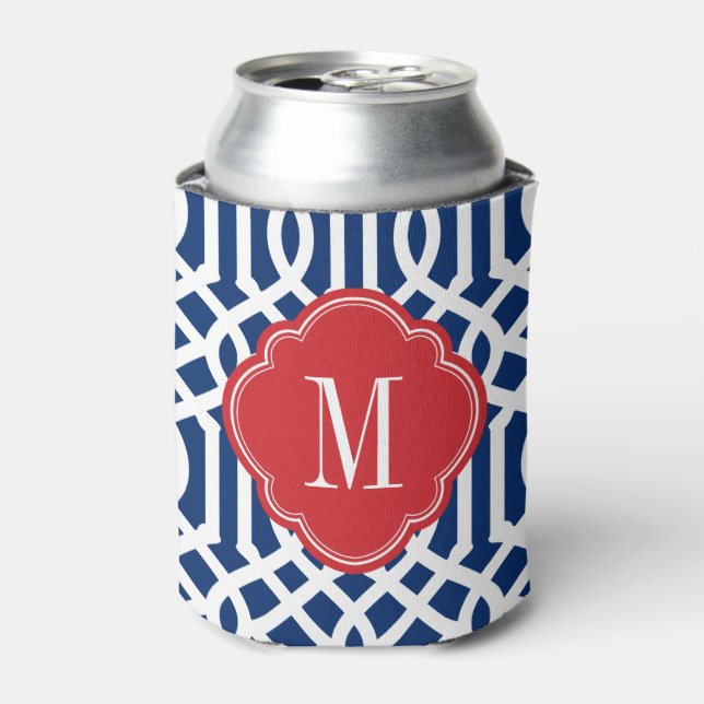 Red White and Blue Trellis Monogram Can Cooler (Can Front)