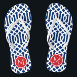 Red White and Blue Trellis Monogram Jandals<br><div class="desc">Custom printed flip flop sandals with a stylish modern trellis pattern and your custom monogram or other text in a circle frame. Click Customise It to change text fonts and colours or add your own images to create a unique one of a kind design!</div>