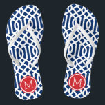 Red White and Blue Trellis Monogram Jandals<br><div class="desc">Custom printed flip flop sandals with a stylish modern trellis pattern and your custom monogram or other text in a circle frame. Click Customise It to change text fonts and colours or add your own images to create a unique one of a kind design!</div>