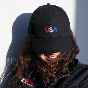Red White and Blue USA Black Embroidered Hat