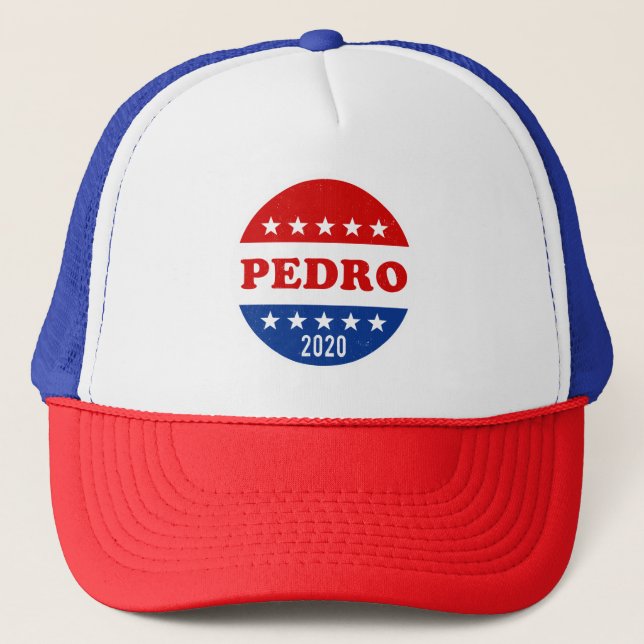 Red White and Blue Vote for Pedro Voter Button Trucker Hat (Front)