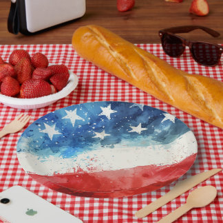 Red White and Blue Watercolor American Flag Paper Plate