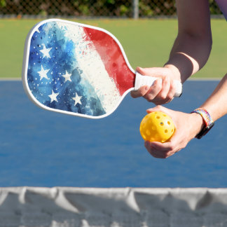 Red White and Blue Watercolor American Flag Pickleball Paddle