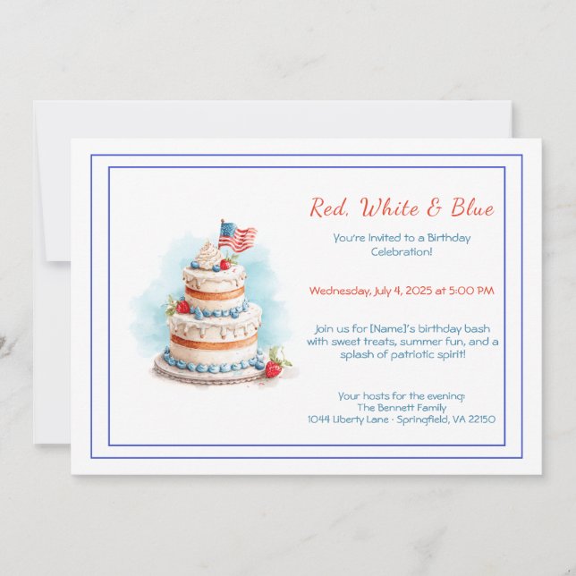 Red White and Blue Watercolor Birthday Invitation  (Front)