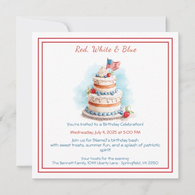 Red White and Blue Watercolor Birthday Invitation  (Front)