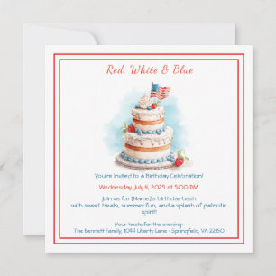 Red White and Blue Watercolor Birthday Invitation 