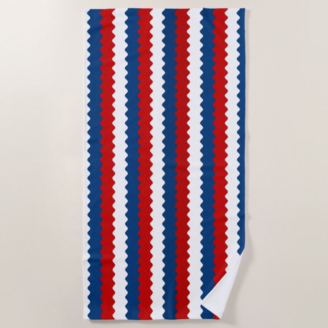 Red, White and Blue Wavy Stripe Beach Towel (Front)