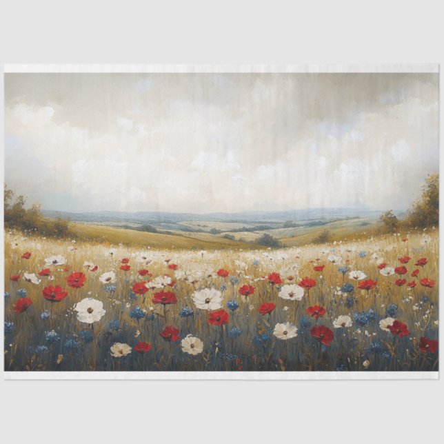 Red White and Blue Wildflowers Decoupage Tissue Paper (Front)