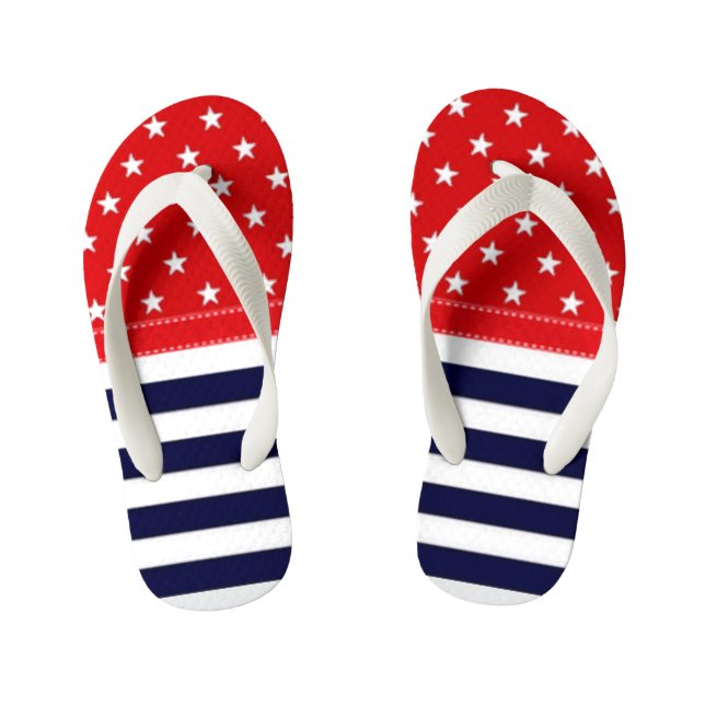 Red White and Blue with White Stars & Stripes Kid's Jandals (Footbed)