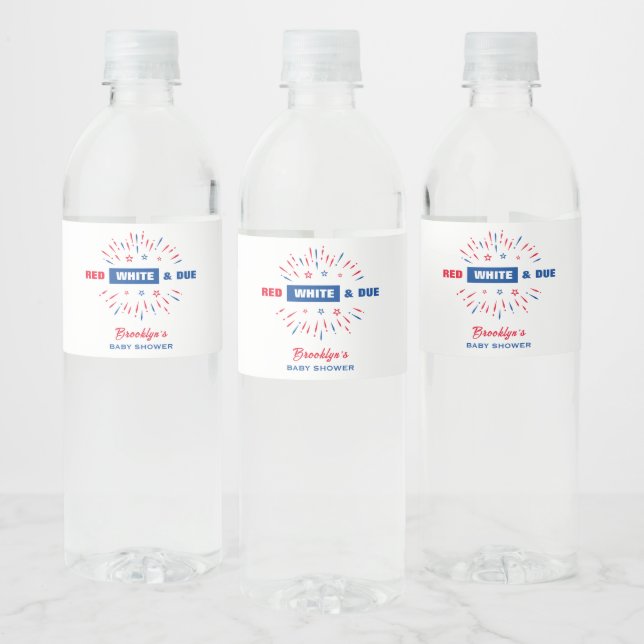Red White And Due 4th July Patriotic Baby Shower Water Bottle Label (Bottles)