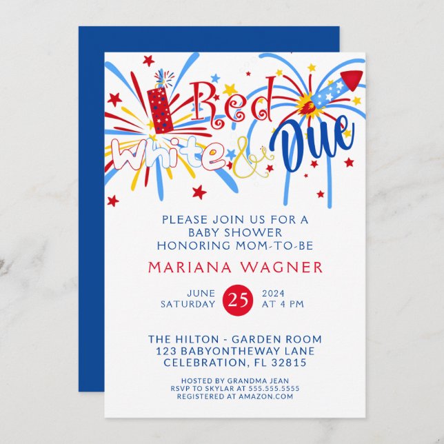 Red White and Due 4th of July Baby Shower Invitation (Front/Back)