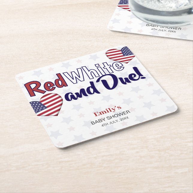 Red White and Due July 4th Patriotic Baby Shower  Square Paper Coaster (Angled)
